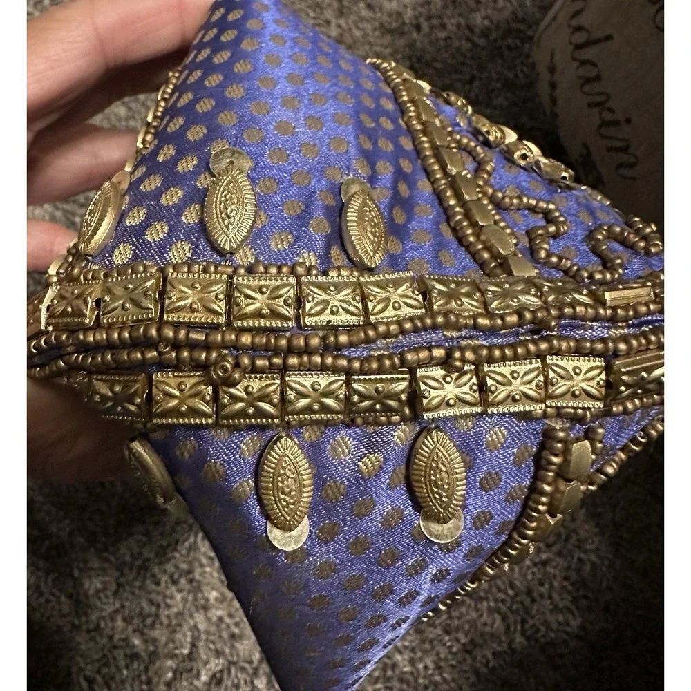 Fortune Cookie Bag Purse Wristlet Blue/Purple w/ Gold color Beads w/ Embroidery